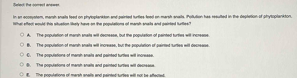 Select the correct answer.
In an ecosystem, marsh snails feed on phytoplankton and painted turtles feed on marsh snails. Pollution has resulted in the depletion of phytoplankton.
What effect would this situation likely have on the populations of marsh snails and painted turtles?
A. The population of marsh snails will decrease, but the population of painted turtles will increase.
B. The population of marsh snails will increase, but the population of painted turtles will decrease.
C. The populations of marsh snails and painted turtles will increase.
D. The populations of marsh snails and painted turtles will decrease.
E. The populations of marsh snails and painted turtles will not be affected.