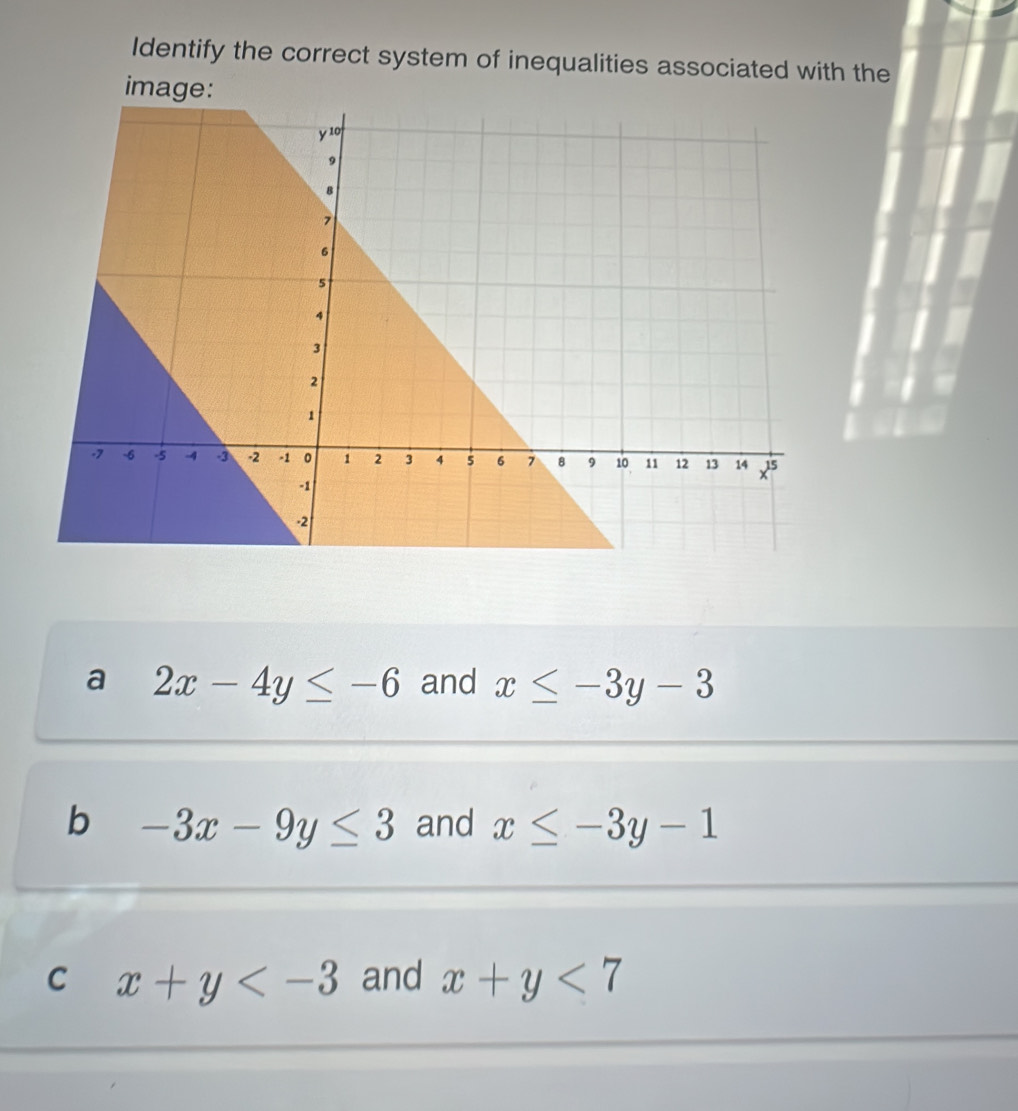 Identify the correct system of inequalities associated with the
image:
a 2x-4y≤ -6 and x≤ -3y-3
b -3x-9y≤ 3 and x≤ -3y-1
C x+y and x+y<7</tex>