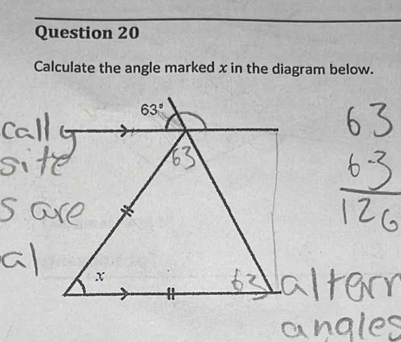 Solved: Calculate the angle marked x in the diagram below. [Math]