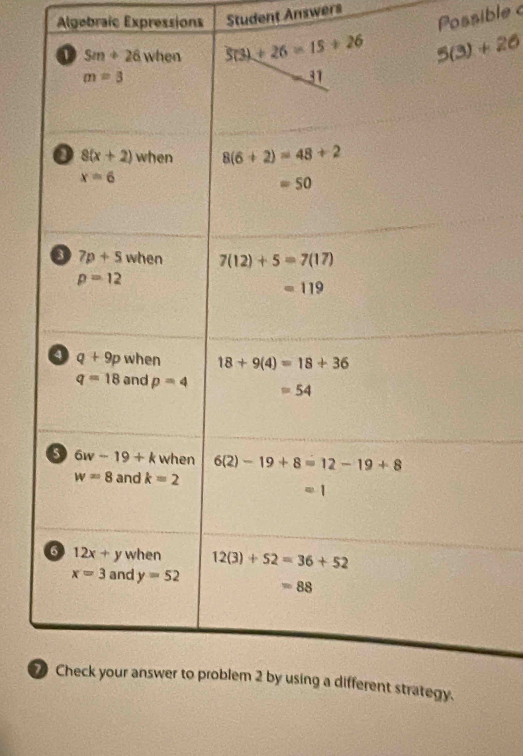 Algebraic Expressions Student Answers
Possible