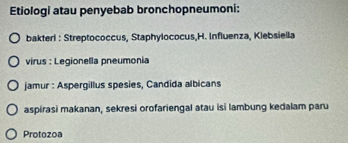 Etiologi atau penyebab bronchopneumoni: 
bakteri : Streptococcus, Staphylococus,H. Influenza, Klebsiella 
virus : Legionella pneumonia 
jamur : Aspergillus spesies, Candida albicans 
aspirasi makanan, sekresi orofariengal atau isi lambung kedalam paru 
Protozoa