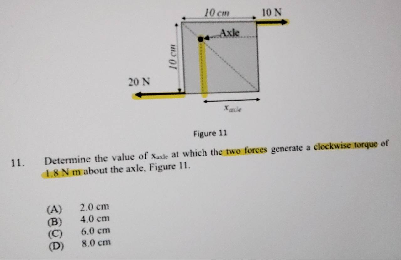 Figure 11
11. Determine the value of X_axlc at which the two forces generate a clockwise torque of
1.8 N m about the axle, Figure 11.
(A) 2.0 cm
(B) 4.0 cm
(C) 6.0 cm
(D) 8.0 cm