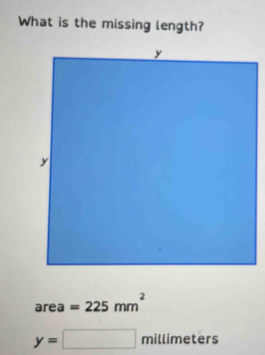 What is the missing length?
area=225mm^2
y=□ millimeters