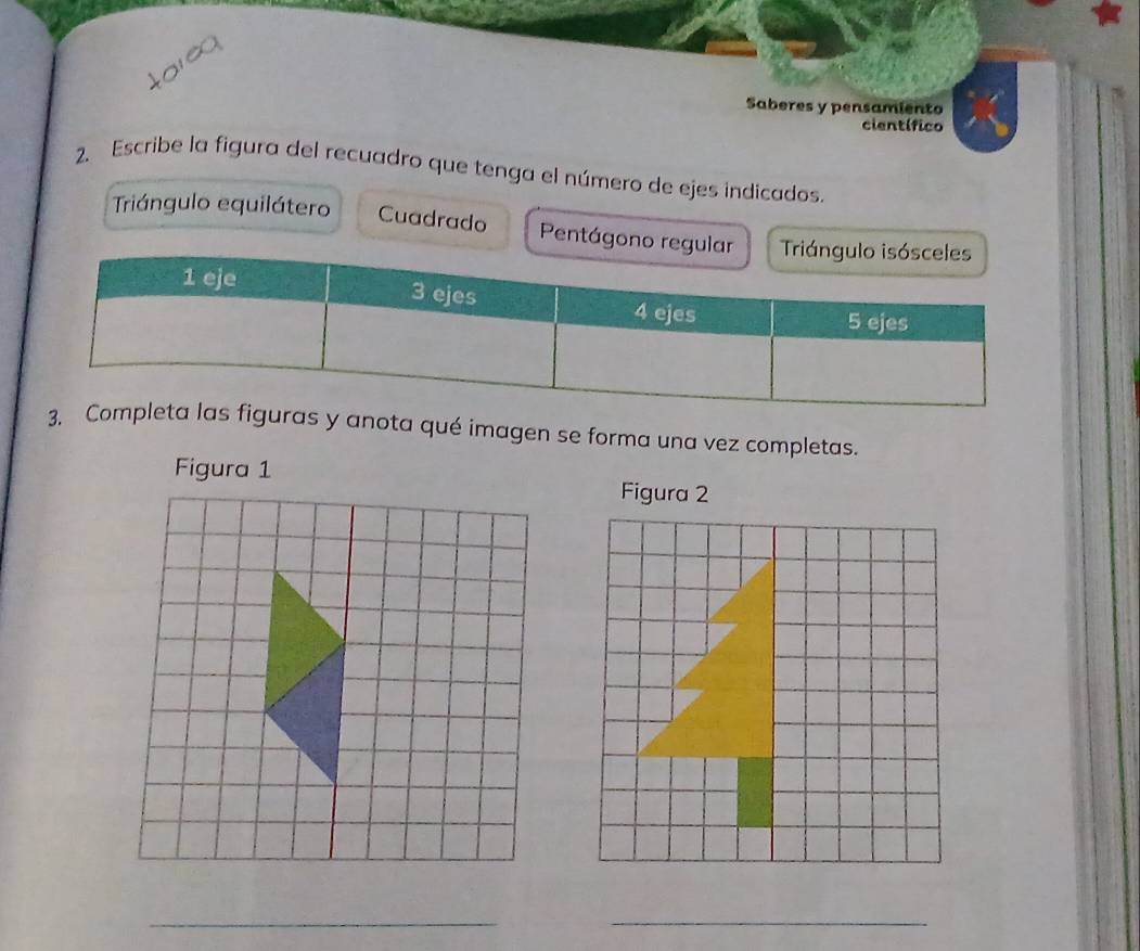 Saberes y pensamiento 
científico 
2. Escribe la figura del recuadro que tenga el número de ejes indicados. 
Triángulo equilátero Cuadrado Pentágono regular Triángulo isósceles
1 eje 3 ejes 4 ejes 
5 ejes 
3. Completa las figuras y anota qué imagen se forma una vez completas. 
Figura 1 Figura 2 
_ 
_