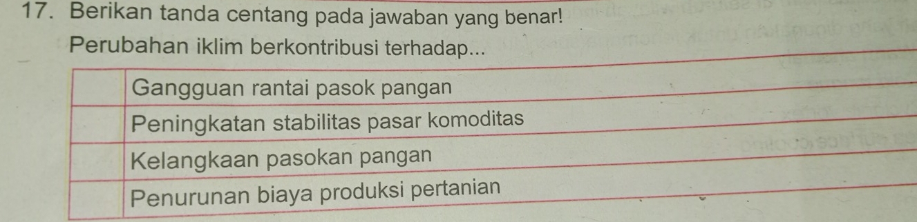 Berikan tanda centang pada jawaban yang benar! 
Perubahan iklim berkontribusi terhadap...