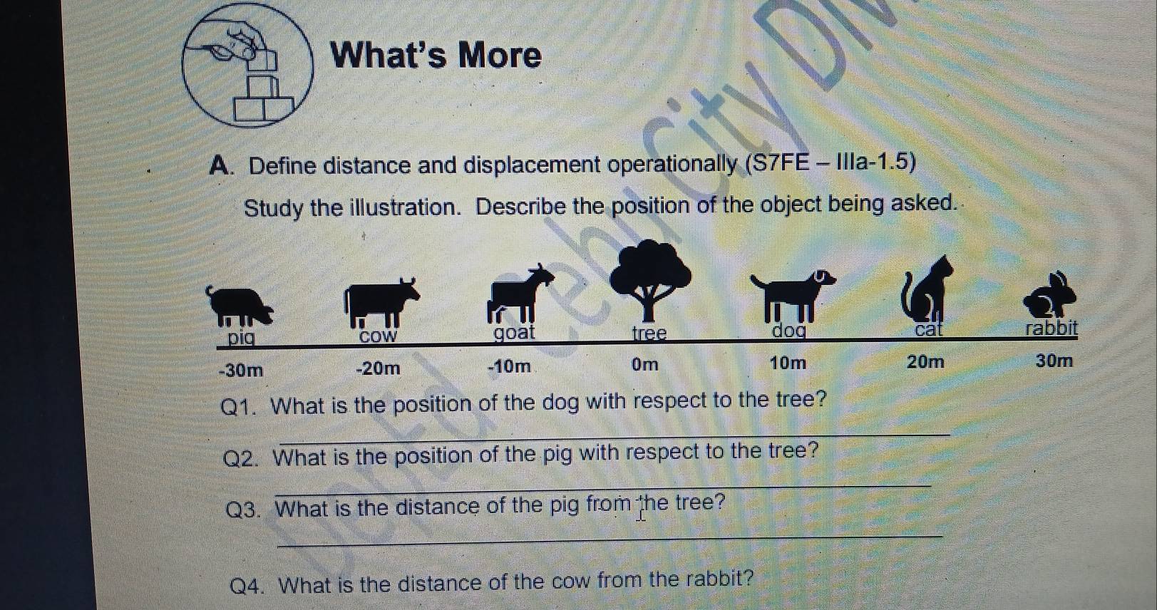 What's More 
A. Define distance and displacement operationally (S7FE - IIIa-1.5) 
Study the illustration. Describe the position of the object being asked. 
Q1. What is the position of the dog with respect to the tree? 
_ 
Q2. What is the position of the pig with respect to the tree? 
_ 
Q3. What is the distance of the pig from the tree? 
_ 
Q4. What is the distance of the cow from the rabbit?