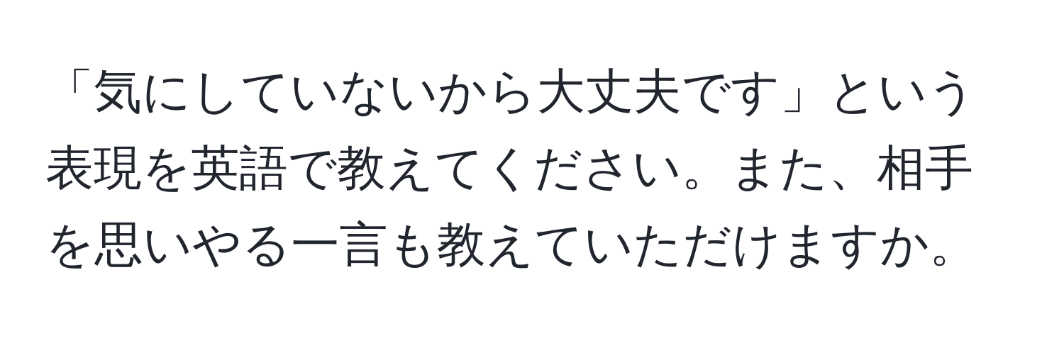 「気にしていないから大丈夫です」という表現を英語で教えてください。また、相手を思いやる一言も教えていただけますか。