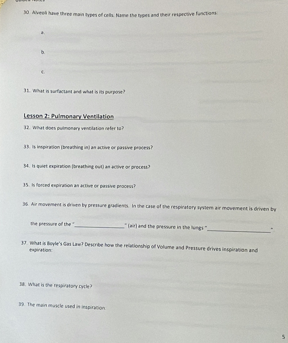 Alveoli have three main types of cells. Name the types and their respective functions. 
a. 
b. 
C. 
31. What is surfactant and what is its purpose? 
Lesson 2: Pulmonary Ventilation 
32. What does pulmonary ventilation refer to? 
33. Is inspiration (breathing in) an active or passive process? 
34. Is quiet expiration (breathing out) an active or process? 
35. Is forced expiration an active or passive process? 
36. Air movement is driven by pressure gradients. In the case of the respiratory system air movement is driven by 
the pressure of the ''_ ' (air) and the pressure in the lungs '_ " 
37. What is Boyle's Gas Law? Describe how the relationship of Volume and Pressure drives inspiration and 
expiration: 
38. What is the respiratory cycle? 
39. The main muscle used in inspiration: 
5