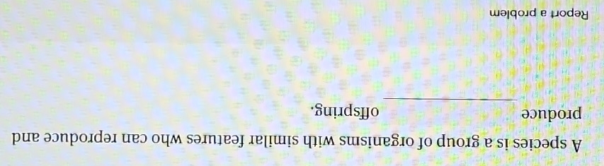 A species is a group of organisms with similar features who can reproduce and 
_ 
produce offspring. 
Report a problem