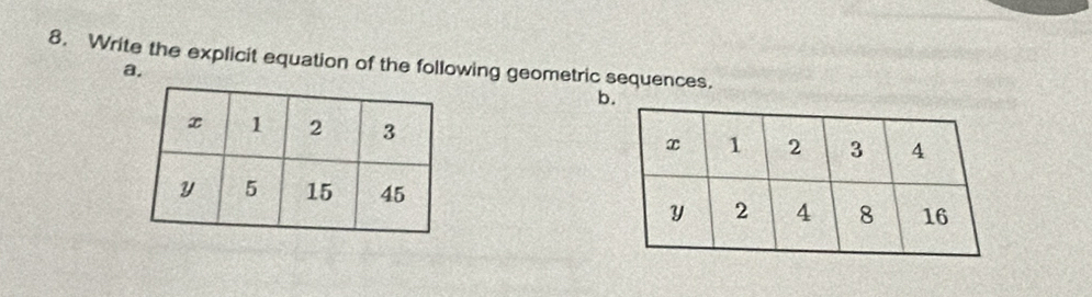 Write the explicit equation of the following geometric sequences. 
a. 
b