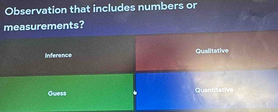 Observation that includes numbers or
measurements?
Inference Qualitative
Guess
Quantitative