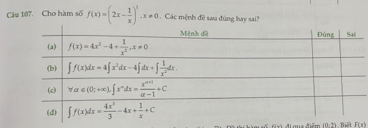 Cho hàm số f(x)=(2x- 1/x )^2,x!= 0 Các mệnh đề sau đúng hay sai?
f(x) đi qua điểm (0:2) , Biết F(x)