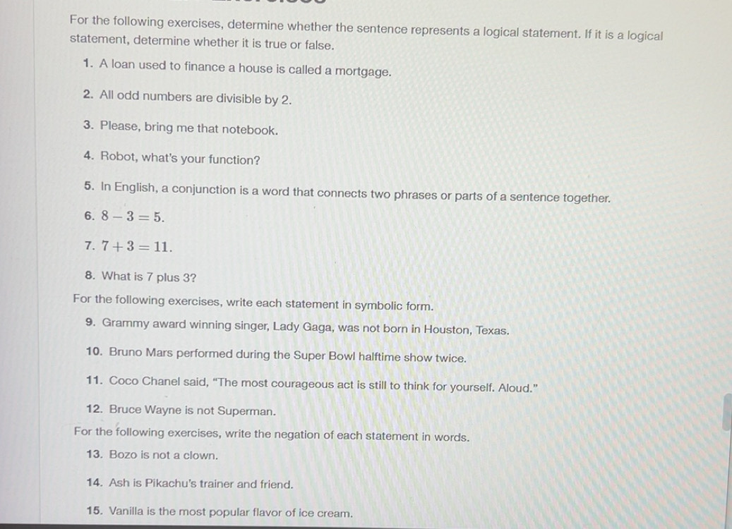 Solved: For the following exercises, determine whether the sentence ...