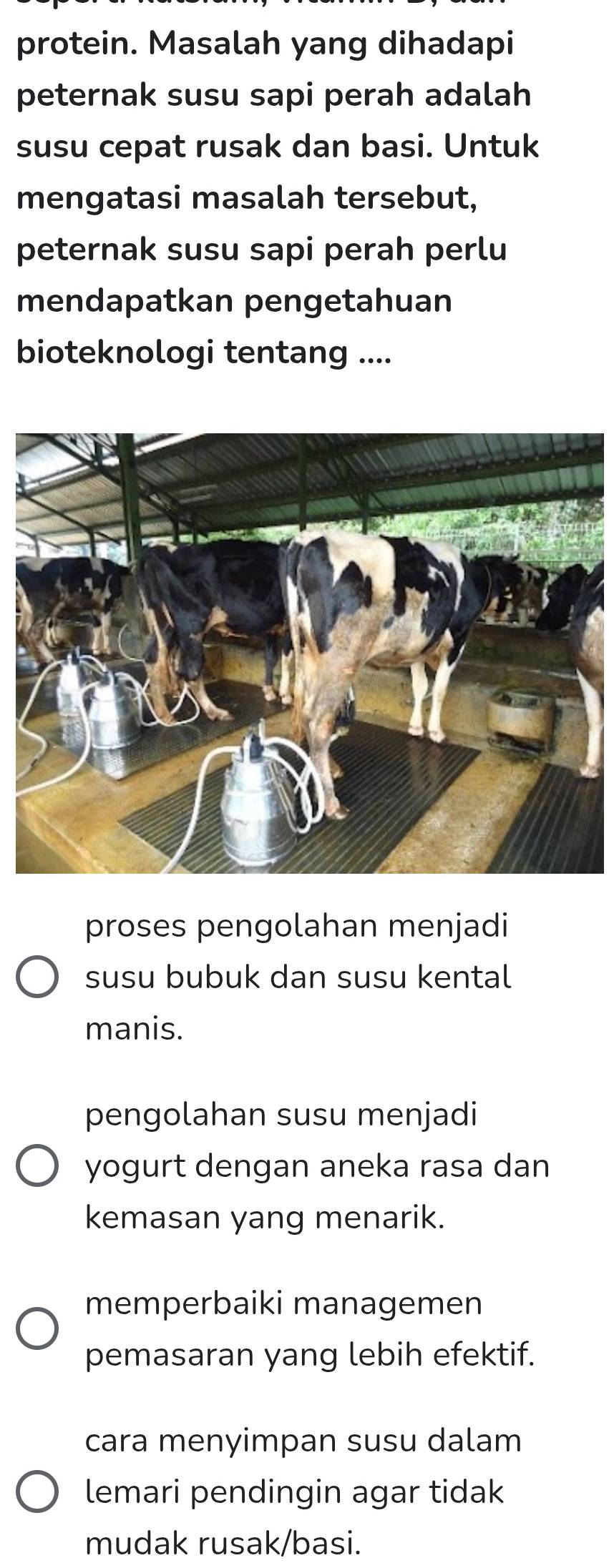 protein. Masalah yang dihadapi
peternak susu sapi perah adalah
susu cepat rusak dan basi. Untuk
mengatasi masalah tersebut,
peternak susu sapi perah perlu
mendapatkan pengetahuan
bioteknologi tentang ....
proses pengolahan menjadi
susu bubuk dan susu kental
manis.
pengolahan susu menjadi
yogurt dengan aneka rasa dan
kemasan yang menarik.
memperbaiki managemen
pemasaran yang lebih efektif.
cara menyimpan susu dalam
lemari pendingin agar tidak
mudak rusak/basi.