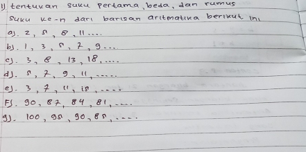 tenturan saku pertama beda, dan rumus 
Suka ke-n dari barisan aritmativa berikut in 
a). 2, 9, , 1l. . . . 
63. 1, 3, , 2, 9. . . . 
(). 3 、 8, 13, 18, . . . . 
(). s, 、 9, l, . . . . . 
e. 3, 7, (, is, . . . . 
F. 90, 8, B9, 81, . . . . 
9). 100, 98, 90, 80, . . . .