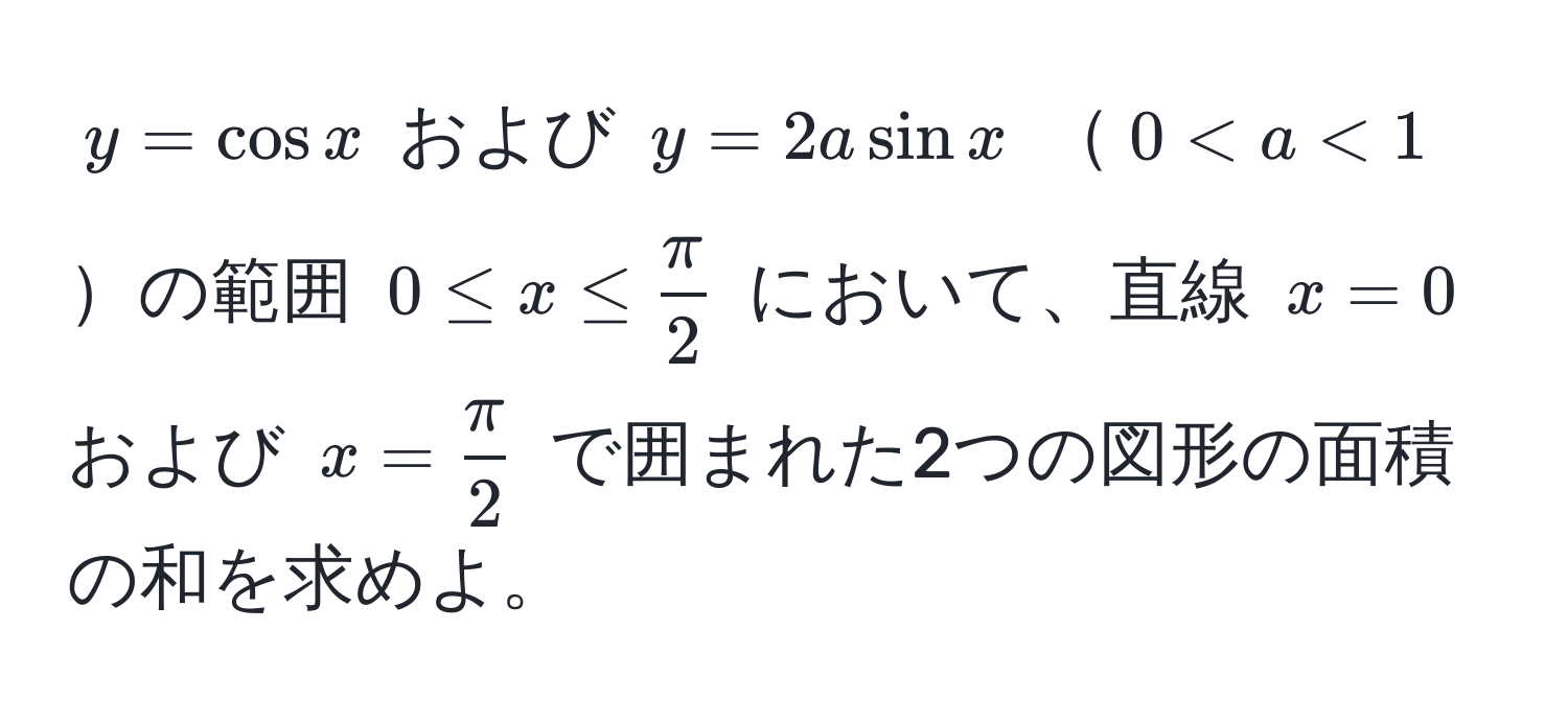 $y = cos x$ および $y = 2a sin x$ $0 < a < 1$の範囲 $0 ≤ x ≤  π/2 $ において、直線 $x = 0$ および $x =  π/2 $ で囲まれた2つの図形の面積の和を求めよ。