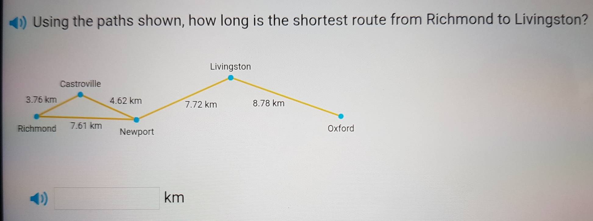 Using the paths shown, how long is the shortest route from Richmond to Livingston? 
) □ km