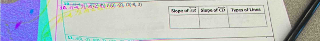 10
10. A(-4,7),B(-2,6),C(2,-2),D(-8,3)
11. A(0,-2)