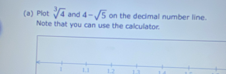 Plot sqrt[3](4) and 4-sqrt(5) on the decimal number line. 
Note that you can use the calculator.
1.1 1.2 1.3 1 4