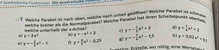 quadratische Funktlonen. Die quadratische F unk
1 Welche Parabel ist nach oben, welche nach unten geöffnet? Welche Parabel ist schmaler,
welche breiter als die Normalparabel? Welche Parabel hat ihren Scheitelpunkt oberhalb,
welche unterhalb der x -Achse?
a) y=2x^2 b) y=-x^2+2 c) y=- 1/2 x^2+3 d) y= 1/4 x^2+2
e) y=- 2/3 x^2-1 f) y= 6/5 x^2-0,25 g) y=- 7/4 x^2-1,5 h) y=0,02x^2+0,1
tion , t lle o nötig, eine Werteth