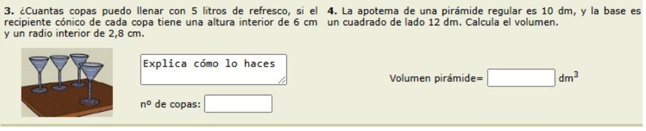 ¿Cuantas copas puedo llenar con 5 litros de refresco, si el 4. La apotema de una pirámide regular es 10 dm, y la base es 
recipiente cónico de cada copa tiene una altura interior de 6 cm un cuadrado de lado 12 dm. Calcula el volumen. 
y un radio interior de 2,8 cm. 
Explica cómo lo haces 
Volumen pirámide: =□ dm^3
n° de copas: