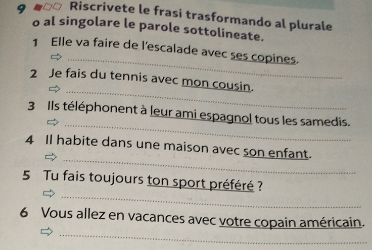 Riscrivete le frasi trasformando al plurale 
o al singolare le parole sottolineate. 
_ 
1 Elle va faire de l'escalade avec ses copines. 
_ 
2 Je fais du tennis avec mon cousin. 
_ 
3 Ils téléphonent à leur ami espagnol tous les samedis. 
_ 
4 Il habite dans une maison avec son enfant. 
_ 
5 Tu fais toujours ton sport préféré ? 
_ 
6 Vous allez en vacances avec votre copain américain.