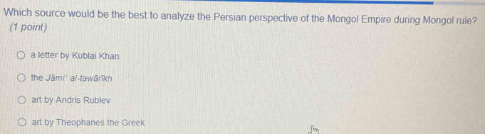 Which source would be the best to analyze the Persian perspective of the Mongol Empire during Mongol rule?
(1 point)
a letter by Kublai Khan
the Joverline aml° al-tawārīkh
art by Andris Rublev
art by Theophanes the Greek