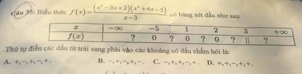 tầu 35: Biểu thức f(x)= ((x^2-3x+2)(x^2+4x-5))/x-3  có bảng xét dấu như sau
Thứ tự điền các dấu từ trái sang phải vào các khoảng có dấu chấm hỏi là:
A. +, −, +, −, + . B. −, +, ¬, +,  . C. −,+,+, −,+ . D. +,+,−, +,+ .
,