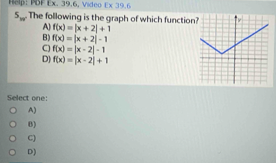 Help: PDF Ex. 39.6, Video Ex 39.6
5_19 . The following is the graph of which function
A) f(x)=|x+2|+1
B) f(x)=|x+2|-1
C) f(x)=|x-2|-1
D) f(x)=|x-2|+1
Select one:
A)
B)
C)
D)