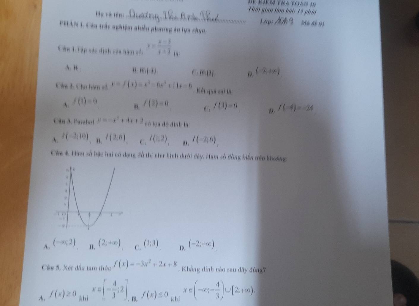 Thời gian làm hài: 15 phía
Họ và tên:_
PHAN L. Cầu trắc nghiệm nhiều phương án lựa chọn.
Cầu 1:Tập xác định của hàm số: y= (x-1)/x+3  là
A. B (-2,+∈fty )
" R(-2)
C,B  2
D.
Câu 2. Cho hàm số y=f(x)=x^3-6x^2+11x=6 Kết quả sai là:
".
A. f(1)=0 f(3)=0 f(3)=0 D: f(-4)=-24
C
Câu 3. Parabol y=-x^2+4x+2 có tọa độ định là:
A. I(-2,10),mu _1I(2,6) C. I(1,2) D. I(-2;6)
Câu 4 Hàm số bậc hai có đạng đồ thị như hình dưới đây. Hàm số đồng biến trên khoảng.
A. (-∈fty ,2) (2;+∈fty ) C, (1;3) D. (-2;+∈fty )
B.
Cầu 5, Xét đầu tam thức f(x)=-3x^2+2x+8. Khẳng định nào sau đây đúng?
A. f(x)≥ 0_k|h|x∈ [- 4/3 ;2]
B. f(x)≤ 0 khi
x∈ (-∈fty ,- 4/3 )∪ [2;+∈fty ).