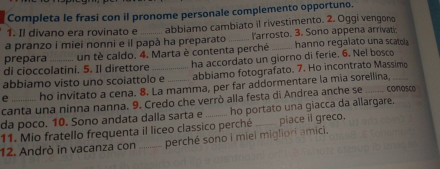 Completa le frasi con il pronome personale complemento opportuno. 
1. Il divano era rovinato e abbiamo cambiato il rivestimento. 2. Oggi vengono 
a pranzo i miei nonni e il papà ha preparato _l’arrosto. 3. Sono appena arrivati: 
prepara un tè caldo. 4. Marta è contenta perché _hanno regalato una scatola 
di cioccolatini. 5. Il direttore ha accordato un giorno di ferie. 6. Nel bosco 
abbiamo visto uno scoiattolo e _abbiamo fotografato. 7. Ho incontrato Massimo 
e 
ho invitato a cena. 8. La mamma, per far addormentare la mia sorellina, 
canta una ninna nanna. 9. Credo che verrò alla festa di Andrea anche se _conosco 
da poco. 10. Sono andata dalla sarta e ho portato una giacca da allargare. 
11. Mio fratello frequenta il liceo classico perché _piace il greco. 
12. Andrò in vacanza con _perché sono i miei migliori amici.