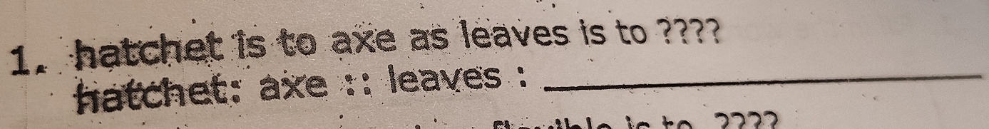 hatchet is to axe as leaves is to ???? 
hatchet: axe :: leaves :_