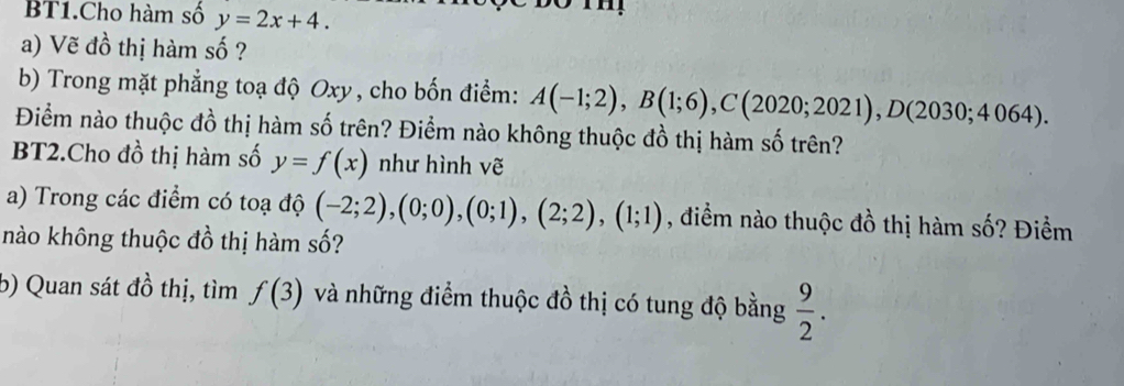 BT1.Cho hàm số y=2x+4. 
a) Vẽ đồ thị hàm số ? 
b) Trong mặt phẳng toạ độ Oxy, cho bốn điểm: A(-1;2), B(1;6), C(2020;2021), D(2030;4064). 
Điểm nào thuộc đồ thị hàm số trên? Điểm nào không thuộc đồ thị hàm số trên? 
BT2.Cho đồ thị hàm số y=f(x) như hình vẽ 
a) Trong các điểm có toạ độ (-2;2), (0;0), (0;1), (2;2), (1;1) , điểm nào thuộc đồ thị hàm số? Điểm 
nào không thuộc đồ thị hàm số? 
b) Quan sát đồ thị, tìm f(3) và những điểm thuộc đồ thị có tung độ bằng  9/2 .