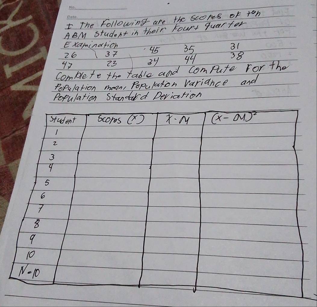 the following are the scores of +oh
ABM Student in their Four quartor
Examination
26 37 95 35 31
47
73 3y 44
38
Comblete the table and compute For the
Population mean, Populaton variance and
Population Standard Deviation