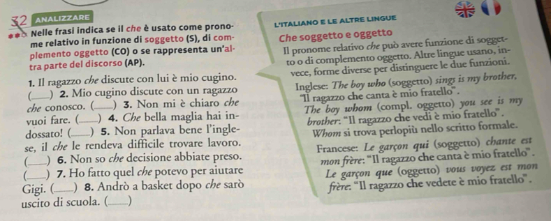 ANALIZZARE 
Nelle frasi indica se il che è usato come prono- 
me relativo in funzione di soggetto (S), di com- L'ITALIANO E LE ALTRE LINGUE 
plemento oggetto (CO) o se rappresenta un’al- Che soggetto e oggetto 
tra parte del discorso (AP). Il pronome relativo che può avere funzione di sogget- 
to o di complemento oggetto. Altre lingue usano, in- 
1. Il ragazzo che discute con lui è mio cugino. vece, forme diverse per distinguere le due funzioni. 
) 2. Mio cugino discute con un ragazzo Inglese: The boy who (soggetto) sings is my brother, 
che conosco. ( )3. Non mi è chiaro che 'Il ragazzo che canta è mio fratello'. 
vuoi fare. ( _) 4. Che bella maglia hai in- The boy whom (compl. oggetto) you see is my 
dossato! ( _) 5. Non parlava bene l'ingle- brother: “Il ragazzo che vedi è mio fratello”. 
se, il che le rendeva difficile trovare lavoro. Whom si trova perlopiù nello scritto formale. 
) 6. Non so che decisione abbiate preso. Francese: Le garçon qui (soggetto) chante est 
 _) 7. Ho fatto quel che potevo per aiutare mon frère: “Il ragazzo che canta è mio fratello”. 
Gigi. ( ) 8. Andrò a basket dopo che sarò Le garçon que (oggetto) vous voyez est mon 
uscito di scuola. (_ ) frère: “Il ragazzo che vedete è mio fratello”.