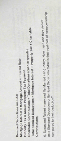 Itemized Deductions include: 
Mortgage Interes = Mortgage Amount × Interest Rate 
Property Tax= Annual Property Tax Payment 
Charitable Contributions = 
Total Itemized Deduction s= Total Donations (cash or goods) Charitable 
Mortgage Interest + Property ax+ 
Contributions 
6. Susan and Robert marry and file Married Filing Jointly. How much can they deduct 
as a Standard Deduction or Itemized Deduction? What is their real cost of homeownership 
compared to their deduction?