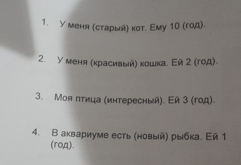 У меня (старый) кот. Εму 10 (год). 
2. У меня (красивый) кошка. Ей 2 (год). 
3. Моя лтица (интересный). Ей 3 (год). 
4. В аквариуме есть (новый) рыбка. Ей 1 
(roA).