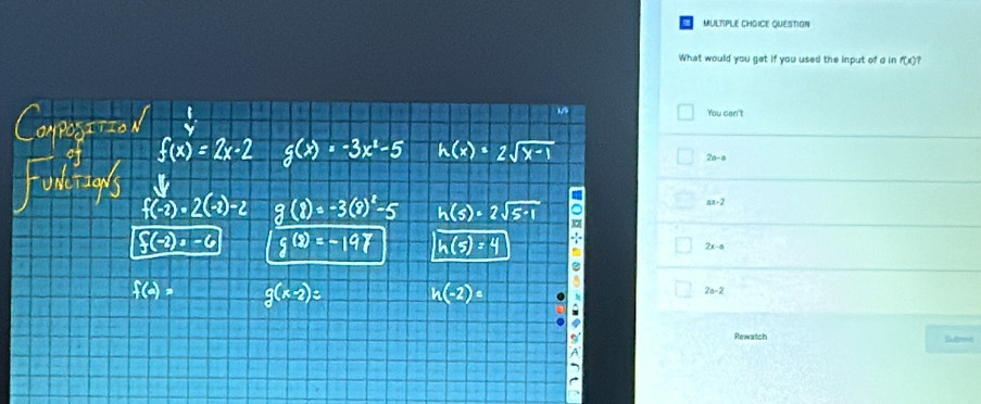 QUEISTION
What would you get if you used the input of a in f(x) ?
You can't
2a-a
a=-2
2x-a
2a-2
Rewatch