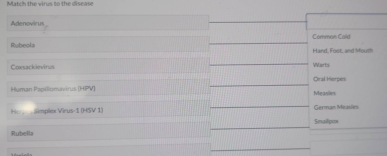 Match the virus to the disease 
Adenovirus 
Common Cold 
Rubeola 
Hand, Foot, and Mouth 
Coxsackievirus Warts 
Oral Herpes 
Human Papillomavirus (HPV) 
Measles 
Herpes Simplex Virus-1 (HSV 1) German Measles 
Smallpox 
Rubella