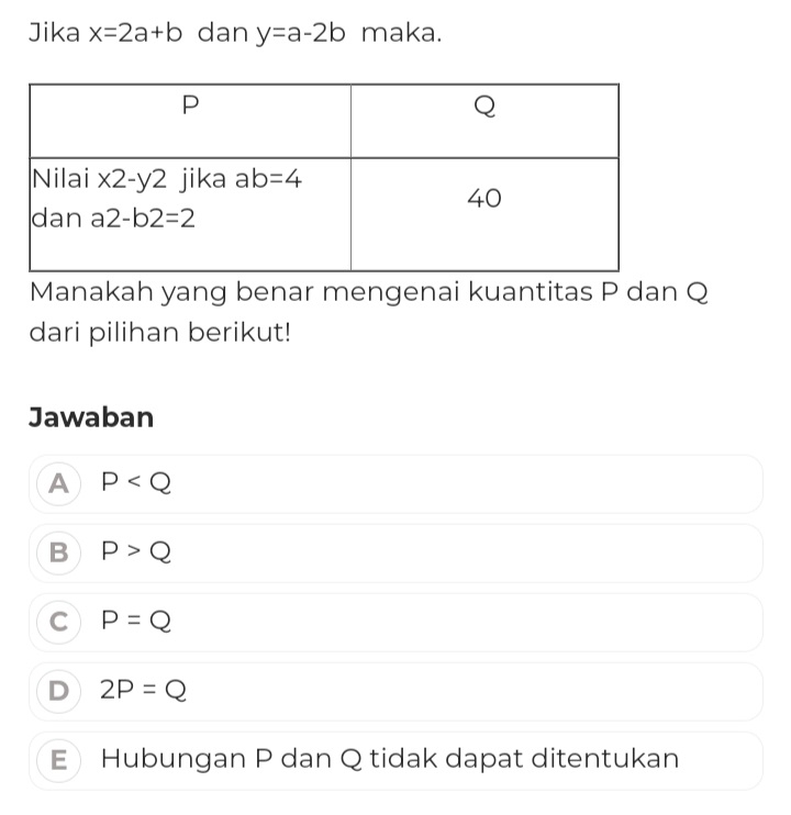 Jika x=2a+b dan y=a-2b maka.
Manakah yang benar mengenai kuantitas P dan Q
dari pilihan berikut!
Jawaban
A P
B P>Q
C P=Q
D 2P=Q
E Hubungan P dan Q tidak dapat ditentukan