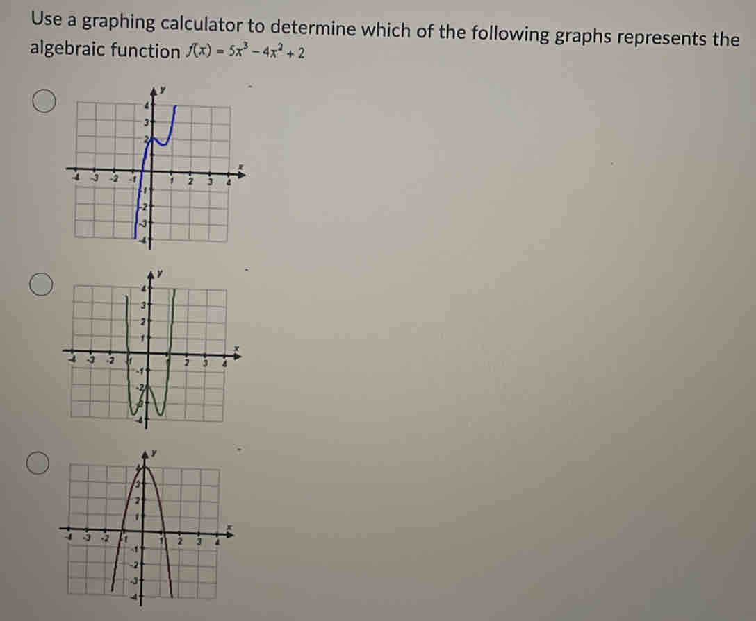 Use a graphing calculator to determine which of the following graphs represents the 
algebraic function f(x)=5x^3-4x^2+2