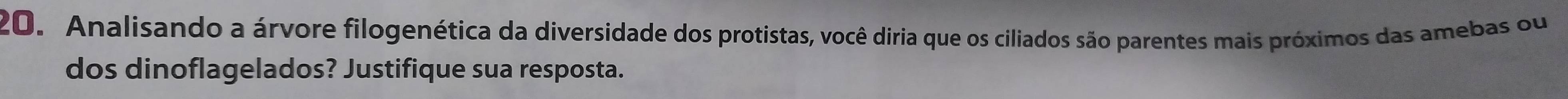 Analisando a árvore filogenética da diversidade dos protistas, você diria que os ciliados são parentes mais próximos das amebas ou 
dos dinoflagelados? Justifique sua resposta.