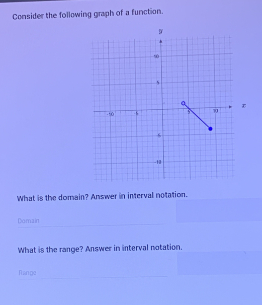 Consider the following graph of a function.
x
What is the domain? Answer in interval notation. 
Domain 
What is the range? Answer in interval notation. 
Range