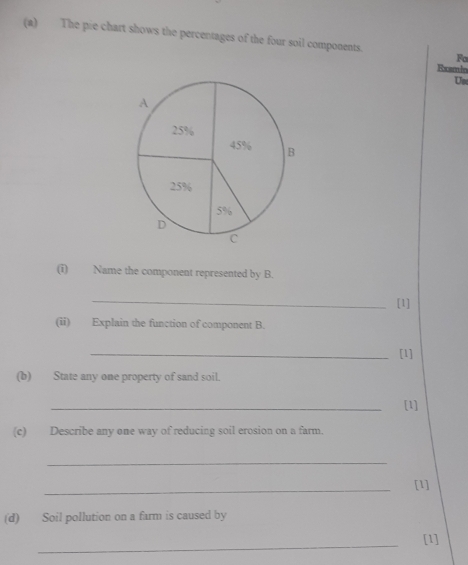 The pie chart shows the percentages of the four soil components. Fo 
Recam ln 
Un 
A
25%
45% B
25%
5%
D 
c 
(i) Name the component represented by B. 
_ 
[1] 
(ii) Explain the function of component B. 
_[1] 
(b) State any one property of sand soil. 
_ 
[1] 
(c) Describe any one way of reducing soil erosion on a farm. 
_ 
_ 
[1] 
(d) Soil pollution on a farm is caused by 
_ 
[1]