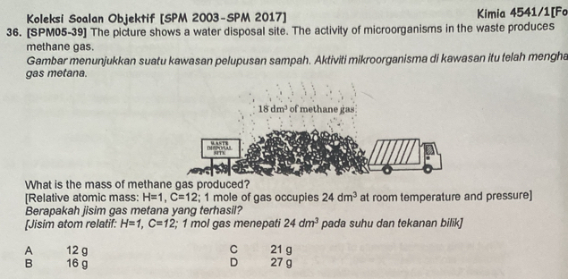 Koleksi Soalan Objektif [SPM 2003-SPM 2017] Kimia 4541/1[Fo
36. [SPM05-39] The picture shows a water disposal site. The activity of microorganisms in the waste produces
methane gas.
Gambar menunjukkan suatu kawasan pelupusan sampah. Aktiviti mikroorganisma di kawasan itu telah mengha
gas metana.
What is the mass of methane gas produced?
[Relative atomic mass: H=1,C=12; 1 mole of gas occupies 24dm^3 at room temperature and pressure]
Berapakah jisim gas metana yang terhasil?
[Jisim atom relatif: H=1,C=12; 1 mol gas menepati 24dm^3 pada suhu dan tekanan bilik]
A 12 g C 21 g
D₹
B 16 g 27 g