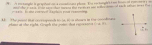 A rectangle is graphed on a coordinate plane. The rectangle's two lines of symmetry sr 
and the yaxis. Esse says that means the vertices are reflections of each other iever the 
yaxis. Is she correct? Explain your reasoning.
(a,b) is shown in the coordinate 
32. The point that corresponds to plane at the right. Graph the point that represents (-a,b).
(2,4)