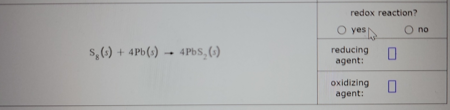 S_8(s)+4Pb(s)to 4PbS_2(s)