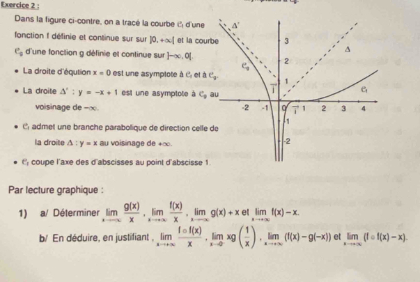 Dans la figure ci-contre, on a tracé la courbe e_1 d'une
fonction f définie et continue sur sur ]0,+∈fty [ et la cour
e_overline  d'une fonction g définie et continue sur ]-∈fty ,0[.
La droite d'éqution x=0 est une asymptote à e_1 et à 
La droite △ ':y=-x+1 est une asymptote à e_g a
voisinage de -∞. 
C admet une branche parabolique de direction celle 
la droite △ :y=x au voisinage de +∈fty
U_1 coupe l'axe des d'abscisses au point d'abscisse 1
Par lecture graphique :
1) a/ Déterminer limlimits _xto ∈fty  g(x)/x ,limlimits _xto ∈fty  f(x)/x ,limlimits _xto ∈fty g(x)+xetlimlimits _xto +∈fty f(x)-x.
b/ En déduire, en justifiant , limlimits _xto +∈fty  fcirc f(x)/x ,limlimits _xto 0^-xg( 1/x ),limlimits _xto +∈fty (f(x)-g(-x)) et limlimits _xto +∈fty (fcirc f(x)-x).