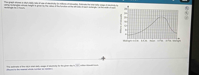 The graph shows a city's daily rate of use of electricity (in millions of kilowatts). Estimate the total daily usage of electricity 
using rectangles whose height is given by the value of the function at the left side of each rectangle. Let the width of each 
rectangle be 2 hours. 
a 
C 
The estimate of the city's total daily usage of electricity for the given day is (101 million kilowatt-hours. 
(Round to the nearest whole number as needed.)