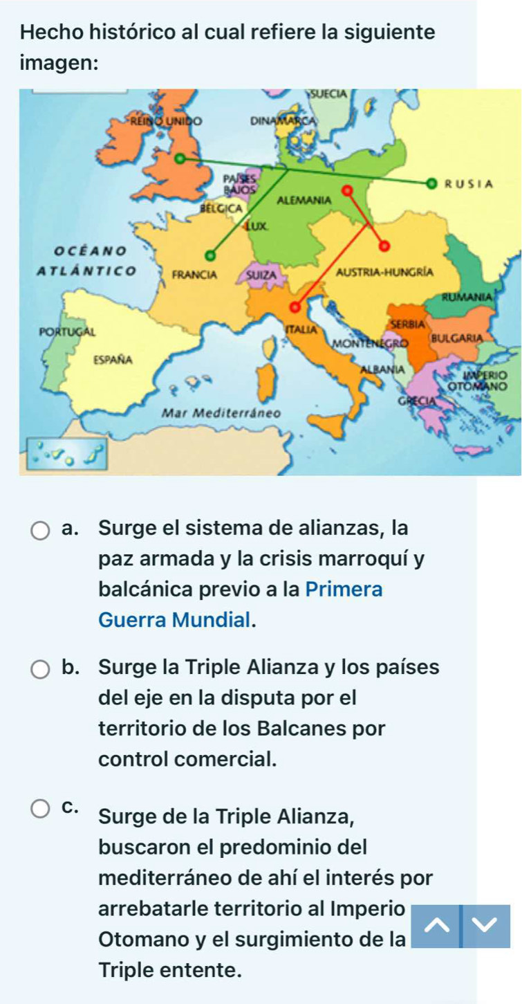 Hecho histórico al cual refiere la siguiente
imagen:
O
O
a. Surge el sistema de alianzas, la
paz armada y la crisis marroquí y
balcánica previo a la Primera
Guerra Mundial.
b. Surge la Triple Alianza y los países
del eje en la disputa por el
territorio de los Balcanes por
control comercial.
C. Surge de la Triple Alianza,
buscaron el predominio del
mediterráneo de ahí el interés por
arrebatarle territorio al Imperio
Otomano y el surgimiento de la
Triple entente.